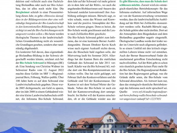 Artikel "Biolandbau-Ausbildung in der Schweiz nicht abschaffen, sondern breit ausbauen!" (Kultur und Politik 3.2022)