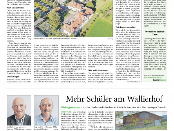 Artikel "Droht der Bio-Schule das Aus?" (Bauernzeitung  09. September 2022)