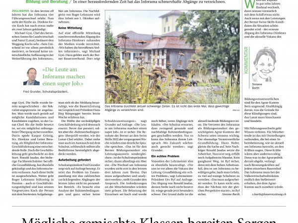 Artikel "Mögliche gemischte Klassen bereiten Sorgen" (Bauernzeitung 16. September 2022)